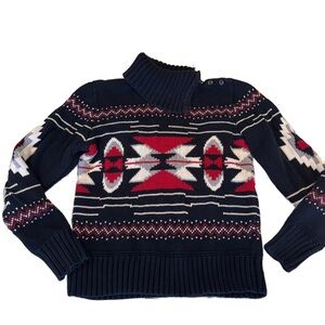 Ralph Lauren Chaps Turtleneck button shoulder Aztec Navajo Southwest Sweater M